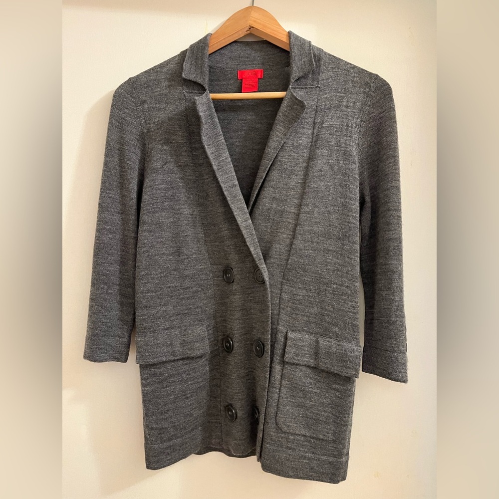 Wool blend double button gray cardigan with three quarter sleeves by Joe Fresh